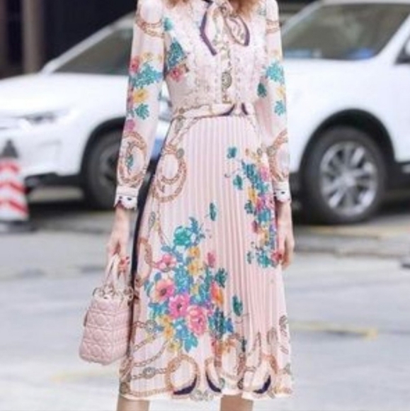 Dalia Macphee Terese Long Sleeve Pleated Midi Dress Size Small Pink - Picture 7 of 16